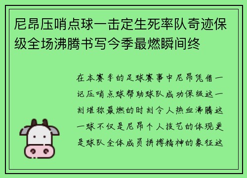 尼昂压哨点球一击定生死率队奇迹保级全场沸腾书写今季最燃瞬间终
