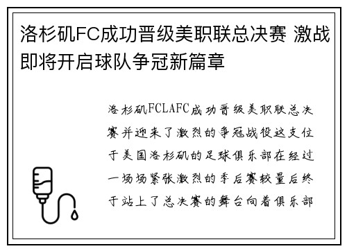 洛杉矶FC成功晋级美职联总决赛 激战即将开启球队争冠新篇章