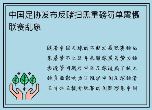中国足协发布反赌扫黑重磅罚单震慑联赛乱象 中国足协发布反赌扫黑重磅罚单震慑联赛乱象