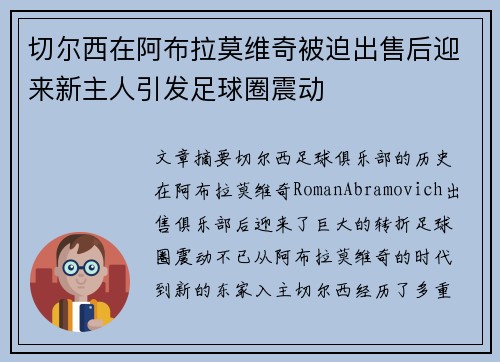 切尔西在阿布拉莫维奇被迫出售后迎来新主人引发足球圈震动